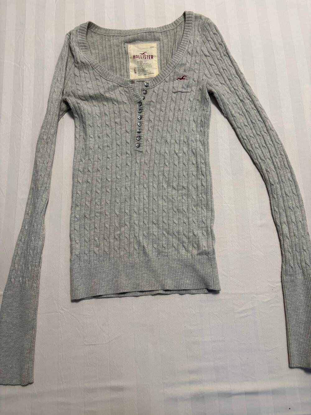 Y2K Hollister Gray Cable Knit Henley Sweater Size Large